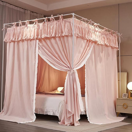 4 Corners Post Princess Ruffle Curtain Bed Canopy Lace Up Elastic Cozy Breathable Tent Mosquito Net for Girls Bedroom Decoration(Pink, 47-53" W*78" L*82"*H/Full)