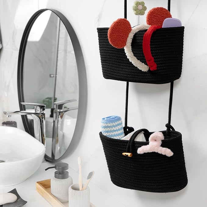 TeoKJ Over the Door Hanging Baskets with Button Strap, 3-Tier Woven Cotton Storage Organizer Bag, Wall-Mounted with Hook Decorative Hanging Nursery Baskets - Black