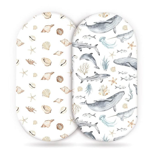 GRSSDER Stretchy Ultra Soft Fitted Bassinet Sheets Set 2 Pack, Cradle Sheet Universal Fit for Rectangle, Oval, or Hourglass Bassinet Pad/Mattress Safe and Snug, Stylish Cute Whale Sea Worl for Baby