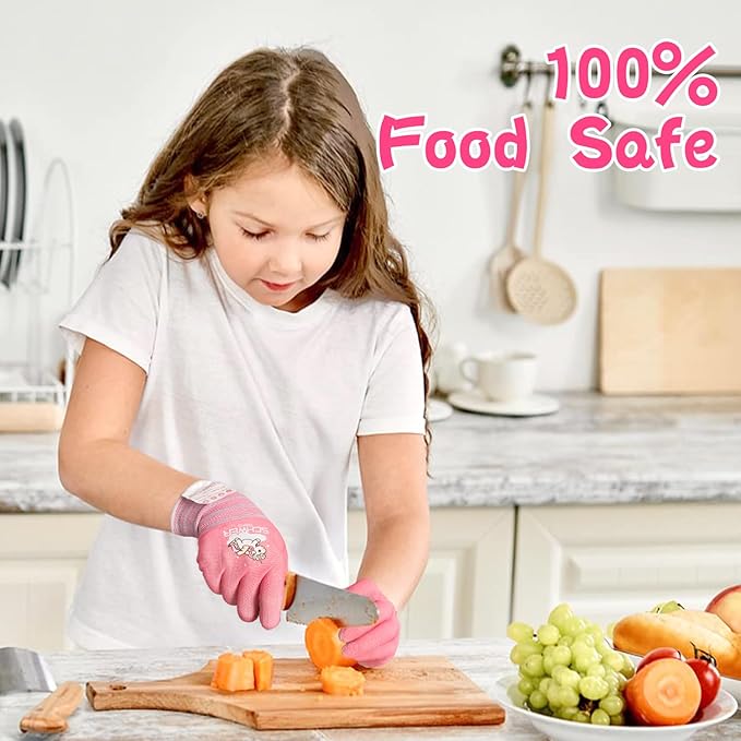 Schwer 2 Pairs MINI-KIDDO Kids Garden Gloves MN1917, ANSI A6 Kids Cutting Gloves, Food Grade Kids Cooking Gloves Cut Resistant for Gardening, Wood Carving, Whittling, Kitchen and DIY (S, 9–14 Years)