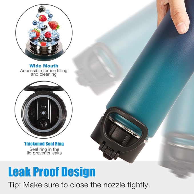 Volhoply 24oz Insulated Water Bottle With Straw Bulk 3 Pack,Metal Wide Mouth Water Bottles With Handle Keep Cold,Reusable Double Wall Thermos,Powder Coated Sport Bottle For Holder(Dark Night,3 Count)