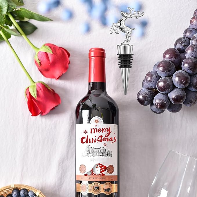 Christmas Wine Bottle Stoppers 5-Packs - Wine Saver Zinc Alloy Silicone, Reusable Leak Proof Keep Fresh Wine Corks, for Gifts, Bar, Holiday, Party, Wedding, Camping for Standard Bottle (Deer)