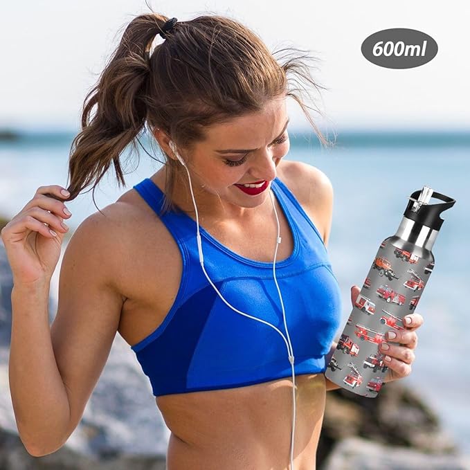 Fire Truck Stainless Steel Water Bottle with Straw Lid - 20 Oz Sports Insulated Water Bottle Thermos for Sport Gym Outdoor Travel School (DZ006)