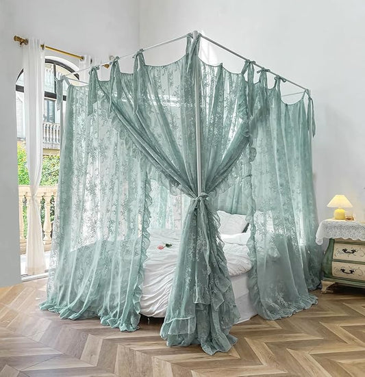 Mengersi Canopy Bed Curtains with Tie Backs,Bed Canopy Curtains Bed Drapes Sheer Lace Curtains for Bedroom Decor(Queen,Sage Green