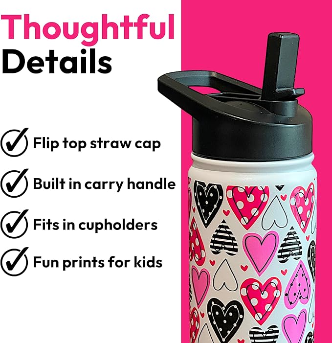 Biddlebee Kids Water Bottle with Straw Lid | 14oz Insulated Stainless Steel Reusable Bottles for School | Leak Proof Cap with Handle & Touch Free Spout | Great for Boys & Girls