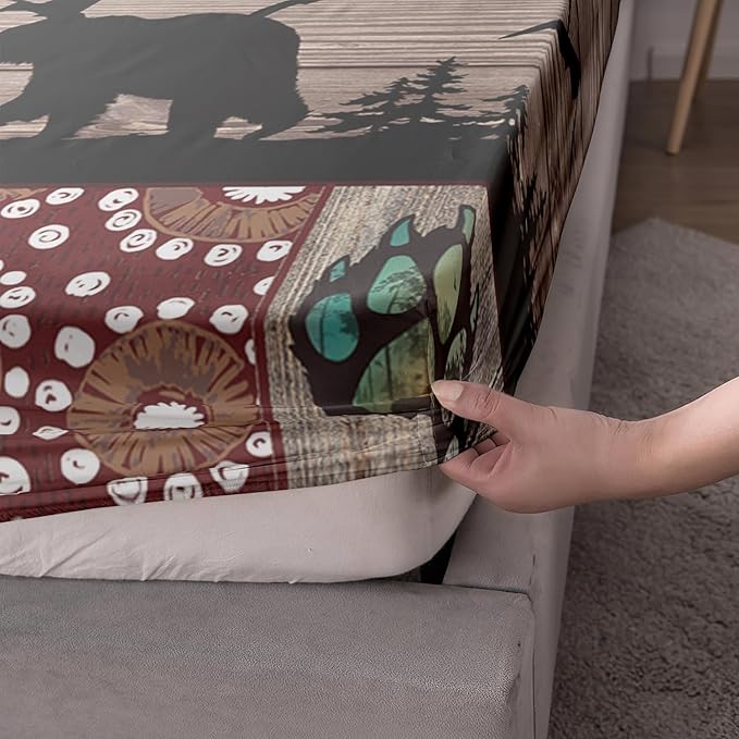 AILONEN Roaring Bear Fitted Sheet Set Twin Size, Rustic Cabin Bed Sheet Set,Wildlife Bedding Grey Bear Plaid Sheet Set,3 Pieces Teen Men Boys Bed Sheet Set,1 Fitted Sheet with 2 Pillowcases