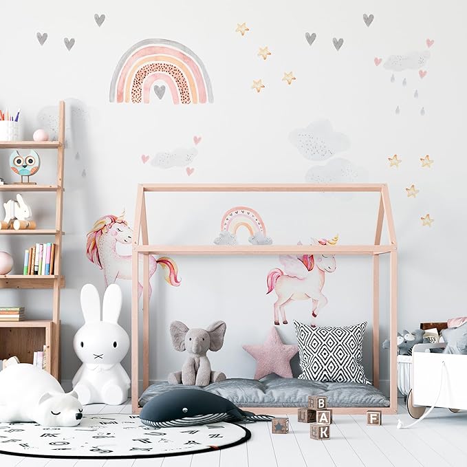 Rainbow Wall Decals by Lipastick - Rainbow Wall Stickers - Unicorn Wall Decals for Kids Bedroom Room Nursery – Kids Wall Stickers Cloud Stars Ponies - Waterproof Wall Art Décor S Size