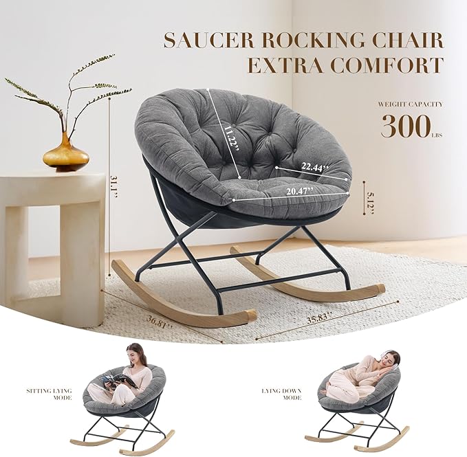 COLAMY Rocking Chair Nursery, Upholstered Glider Rocker Accent Chair Saucer Armchair with Comfy Cushions, Wood Base and Metal Legs for Living Room, Bedroom, Office, Grey