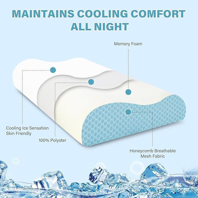 2 Pack Memory Foam Cooling Bed Pillows for Sleeping, Ergonomic Cervical Pillow for Neck and Shoulder Pain Relief, Adjustable Cold Pillow Set of 2,with Pillowcase(Blue)