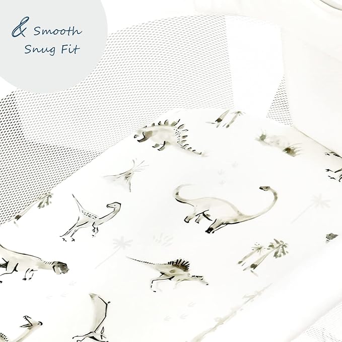 Stretch Ultra Soft Fitted Bassinet Sheet Set 2 Pack, Universal Fit for Bassinets Baby Cradle Moses Basket Oval Rectangle Mattress Safe and Snug, Dinosaur