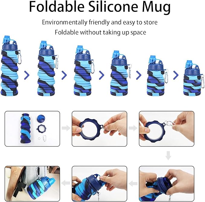 Collapsible Water Bottle, Foldable Cup,500Ml Collapsible Sport Water Bottle Bpa Reusable Travel Water Bottles For Hiking Biking Running Outdoor Gym (Blue(A))