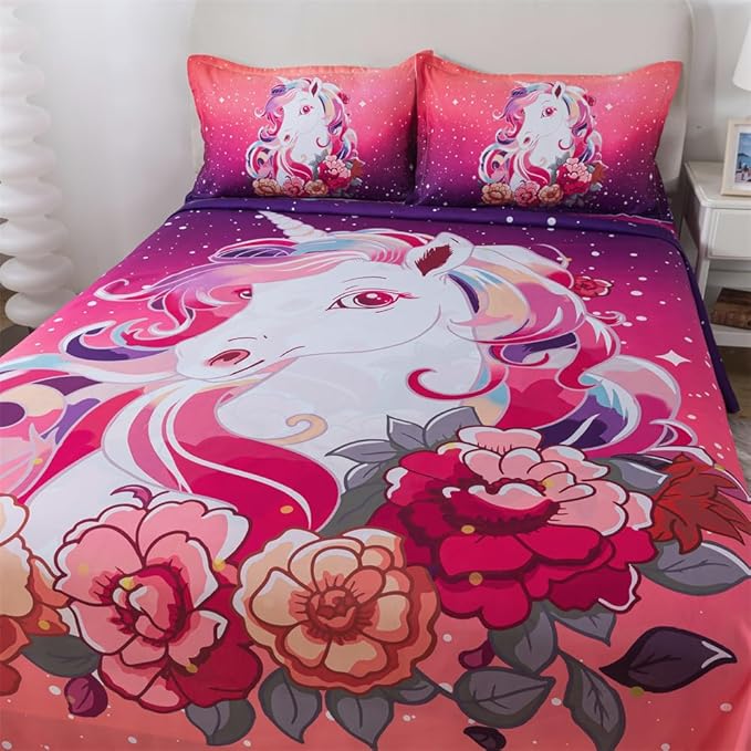 qjmiaofang Unicorn Sheets Full Girls Pink Unicorn Bed Sheet Set 3Pieces Rainbow Sheets Princess Unicorn Fitted Sheet Flowers Unicorn Flat Sheet with 1 Flat Sheet 1 Fitted Sheet 2 Pillow Shams