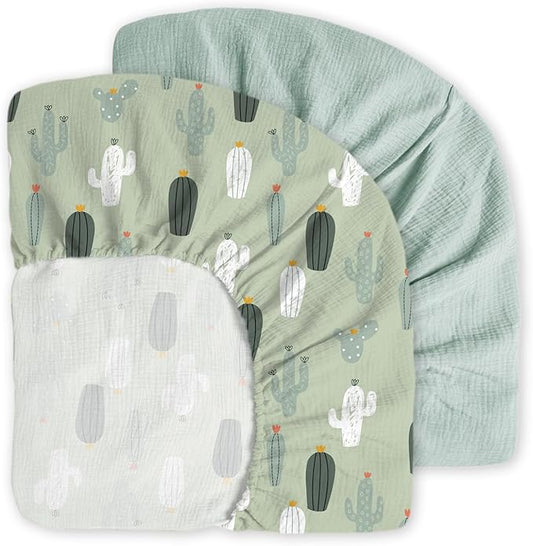 Muslin Crib Sheets, 2pk Neutral Fitted Baby Toddler Bed Sheets for Standard Crib Mattress & Toddler Bed Mattress, 28 x 52 inches, Blossom Cactus
