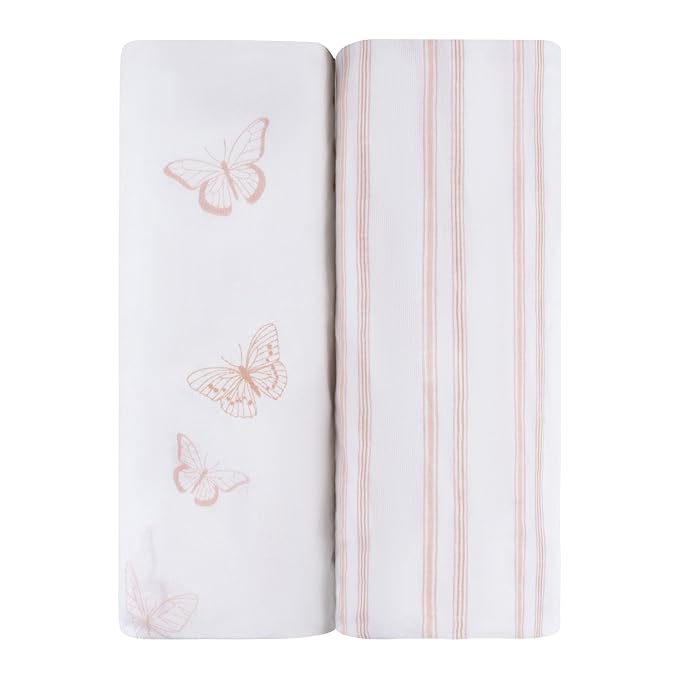Ely's & Co. Fitted Bassinet Sheet 100% Jersey Cotton 2 Pack for Baby Girl - Pink Butterflies + Stripes