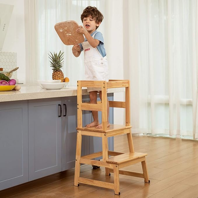 Kitchen Step Stool for Toddlers and Kids with Safety Rails for Kitchen Counter Solid Wood (Natural)