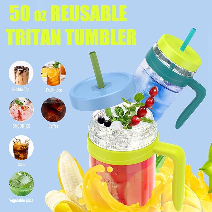 Tronco 50 oz Tritan Plastic Tumbler with Lid and Straw, BPA-Free Reusable Clear Water Bottle with Time Marker, 100% Leak Proof & Wide Mouth for Iced Coffee, Juice, Bubble Tea, Smoothies