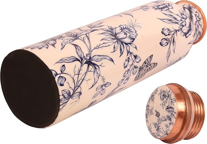 Pure Copper Water Bottle - Handcrafted - Ayurveda health benefits - Large 35 oz - Leak proof - Easy to carry for Sports, Fitness, Yoga, School - White Base Petals Vines Motifs Enamel