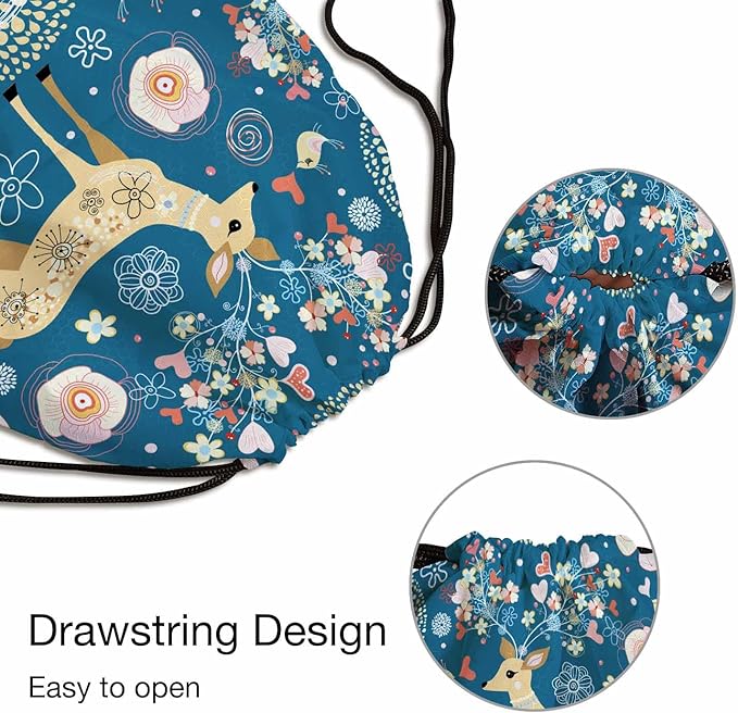 Drawstring Bag Fabulous Deer Waterproof Basketball Bag Wear Pearl Necklace Beautiful Flower Cute Birds Stroage Small Exercise Accessiors Water Bottle Change of Clothes Shoes Ball