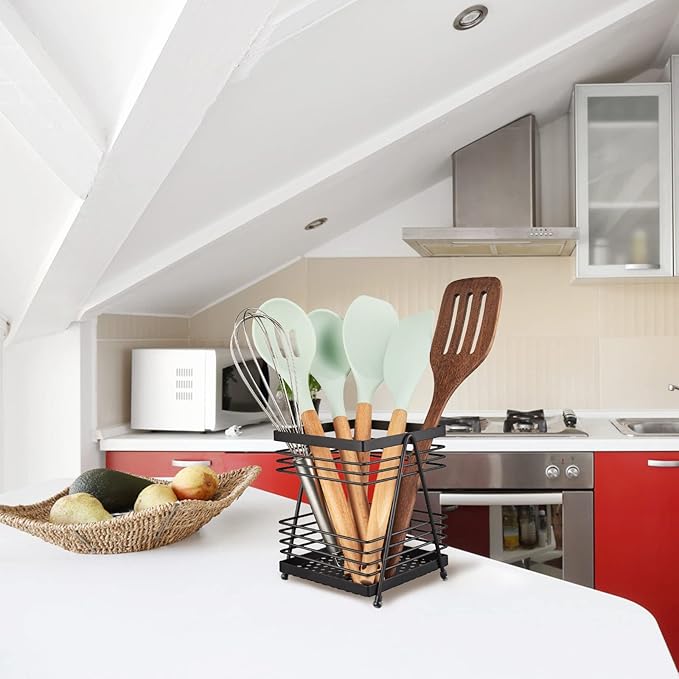 RedCall Utensil Holder for Kitchen Counter,Rectangular Matte Black Spoon Spatula Holder,Metal Steel Wire Cooking Utensil Crock Caddy Organizers,Elegant kitchen utensil holder for countertop (1 Pack)