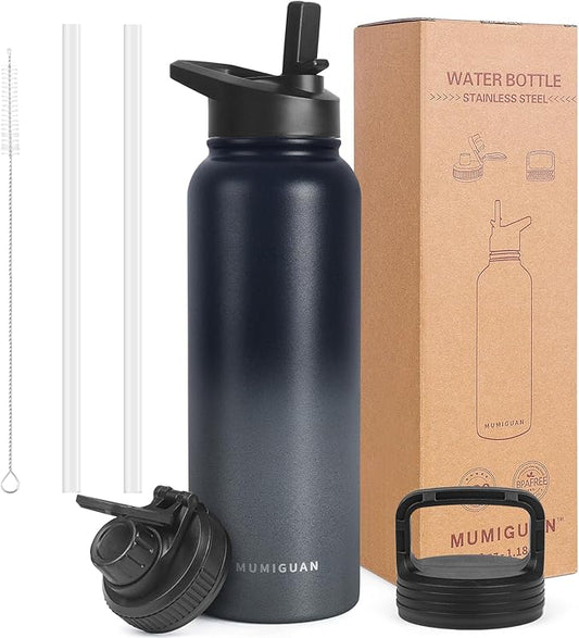 40oz Insulated Water Bottle with 3 Lids(Straw, Hand and Spout Lid), Double Vacuum Stainless Steel Metal Water Flask(BPA-free, CPC) for Sports, Camping, Hiking, Cycling, Fitness and more(Black Grey)