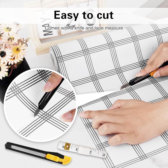 Shelf Liner,Drawer Liner for Kitchen Cabinet,12 in x 30 FT Cabinet Liners Non-Adhesive Non-Slip Contact Paper Waterproof Kitchen Liner Protect Desks, Cupboard with Knife and Tape Measure