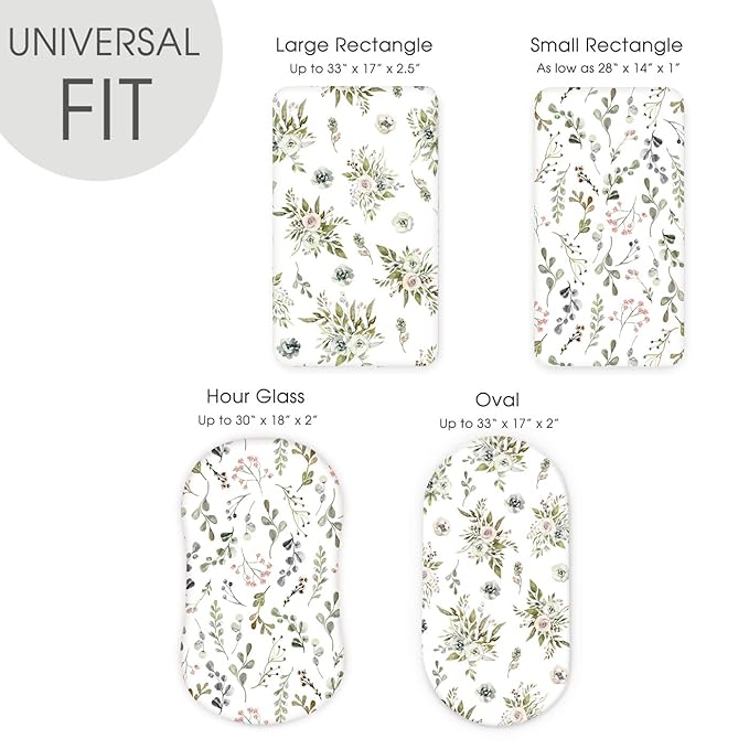 Stretchy Ultra Soft Fitted Bassinet Sheets 2 Pack, Universal Fitted for Bassinets Baby Cradle Moses Basket Oval Rectangle Mattress, Watercolor Rose and Flora Bassinet Sheet for Baby Girls