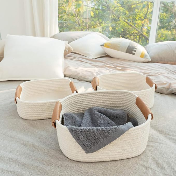 CHICVITA 3 Pack Rectangle Cotton Rope Woven Basket with Handles for Books, Magazines, Toys - Ideal Gift Decorative Basket for Baby Nursery, Living Room