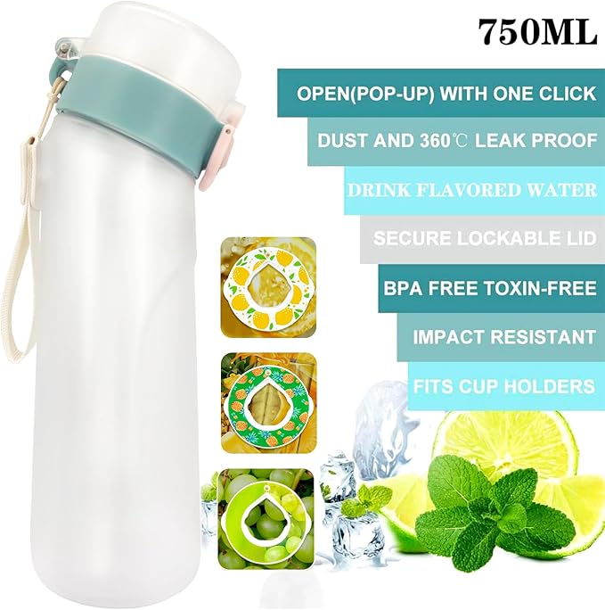 Air Water Bottle,750ML Scent Water Cup with 3 Flavour Pods,Leak Proof Sports Water Cup with Straw Suitable for Outdoor Sports,Gifts From Friends, Birthday Gifts (New White + 3pods)