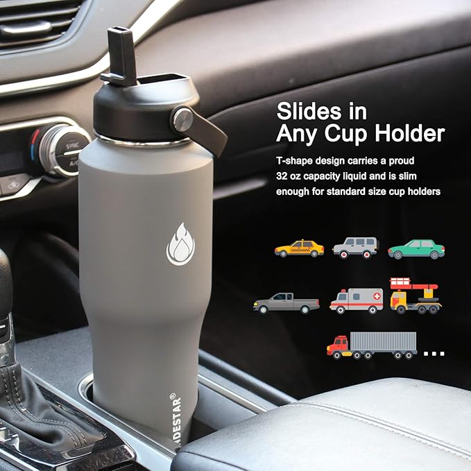 SENDESTAR Water Bottle 32oz,2 Lids(Straw lid),Wide Mouth Stainless Steel Vacuum Insulated Double Wall Keep Liquids Cold or Hot All Day,Sweat Proof Sport Design,Fit Car Cup Holder(Gray)
