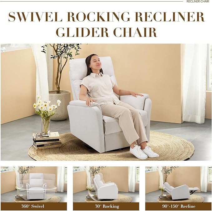 Swivel Rocking Recliner Glider Chair, Upholstered Fabric Reclining Rocker Chair with Footrest for Living Room, Nursery, Office, Bedroom, Ergonomic High Backrest, Wide Seat Cushion and Metal Base-White