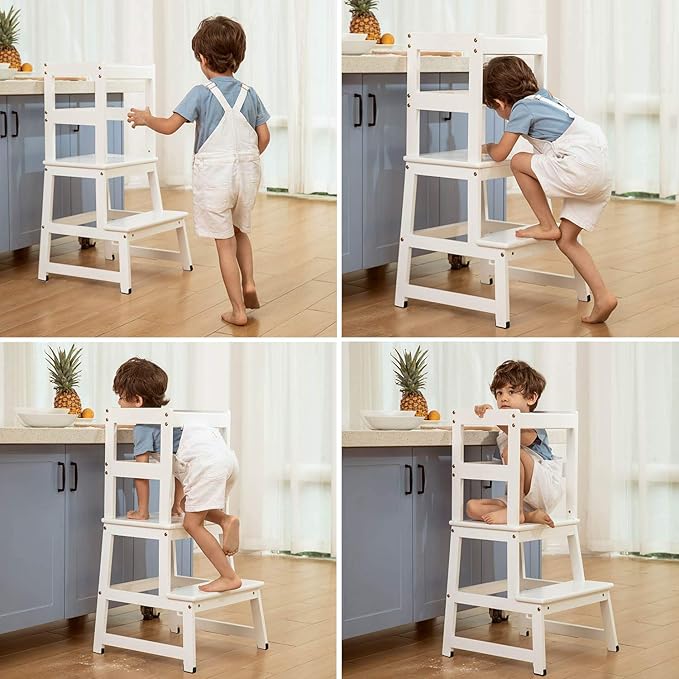 Kitchen Step Stool for Toddlers and Kids with Safety Rails for Kitchen Counter Solid Wood (White)