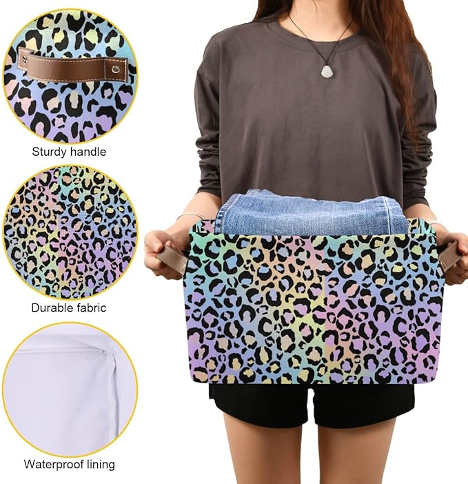 Leopard Storage Basket Fabric Storage Bin Decorative Baskets, Yellow Purple Green Foldable Storage Boxes Organizer Bag for Baby Cloth Dog Toy Book Storage Cubes Shelf Closet Basket 16×12×8 Inches