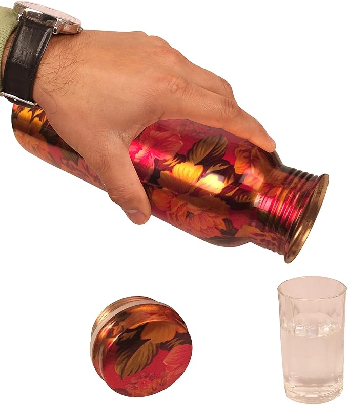 Pure Copper Water Bottle - Handcrafted - Ayurveda health benefits - Large 35 oz - Leak proof - Easy to carry for Sports, Fitness, Yoga, School - Red and Black Pretty Petals Motifs Enamel