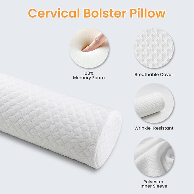 Bolster Pillow White 18 * 4 inch, Cervical Pillow with Washable Zippered Cover, Home Travel Cylindrical Bolster for Bed, Legs, Back and Yoga