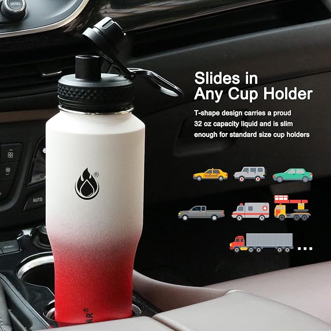 SENDESTAR Water Bottle 32oz,2 Lids(Straw lid),Wide Mouth Stainless Steel Vacuum Insulated Double Wall Keep Liquids Cold or Hot All Day,Sweat Proof Sport Design,Fit Car Cup Holder(White&Rose Red)
