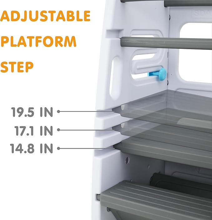 SDADI Multifunctional Toddler Tower with Double Safety Rails - Adjustable & Non-Slip for Kitchen and Bathroom Use - Montessori Step Stool for Kids, White and Dark Gray
