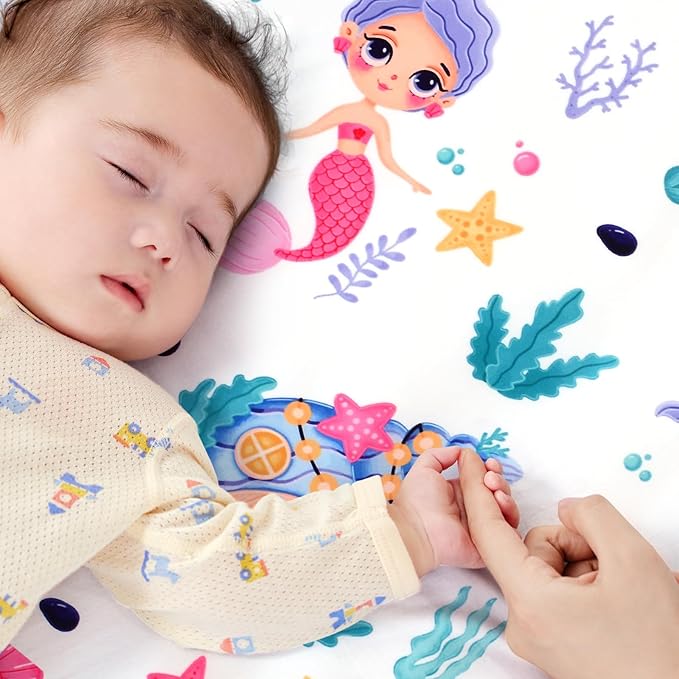 JISEN Baby Crib Sheets Soft Breathable Fitted Crib Sheets Baby Sheet for Standard Crib and Toddler Mattress Baby Bed Sheets for Crib for Baby Boys Girls Neutral 52x28 Inch White Mermaids