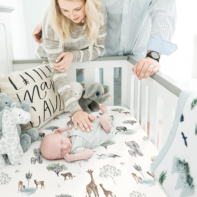 GRSSDER Stretch Ultra Soft Jersey Knit Fitted Crib Sheets Set 2 Pack,Fit All Standard Crib Mattress Pads Safe and Snug, Crib Fitted Sheet for Boys and Girls, Pretty African Savannah Animals Pattern