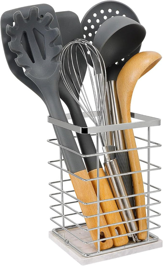 Square Kitchen Utensil Holder, Sturdy Metal Rack for Countertop Storage, Cooking Tools Organizer with Drainage Hole, Stylish Utensil Caddy for Effortless Kitchen Organization, with Marble Base