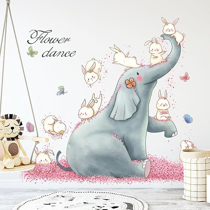 Cartoon Animals Wall Stickers Pink Elephant Rabbit Wall Decals Peel and Stick Wall Art Decals for Kids Bedroom Baby Nursery Door Decor
