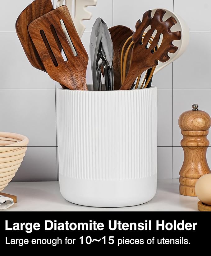 Instant Dry Stone Utensil Holder for Kitchen Counter, H7" Large Diatomite Kitchen Utensil Holder for Countertop, Cooking Utensil Crock with Water Absorbent, Farmhouse Kitchen Counter Decor,White