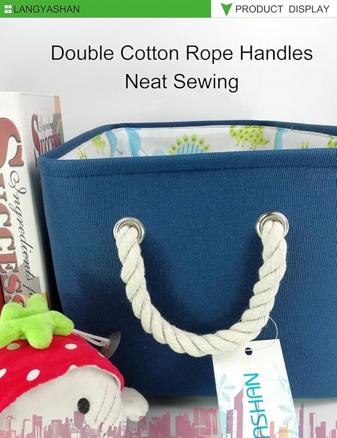 LANGYASHAN Rectangular Storage Bin Collapse Canvas Fabric Cartoon Storage Basket with Handles for Organizing Home Kitchen Boys and Girls Toys Office Closet Shelf Baskets (Navy Toys)