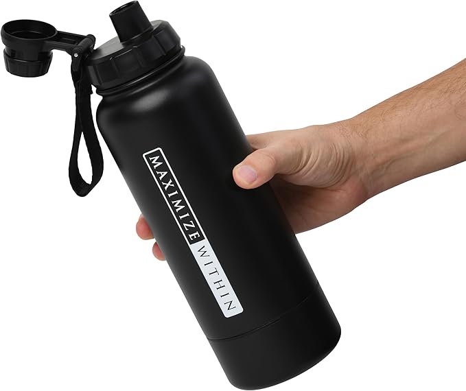 Double Wall Stainless Steel Water bottle with Dual lids (Straw & Spout) Hidden Compartment, Vacuum Insulated, Reusable. Black. 32 oz