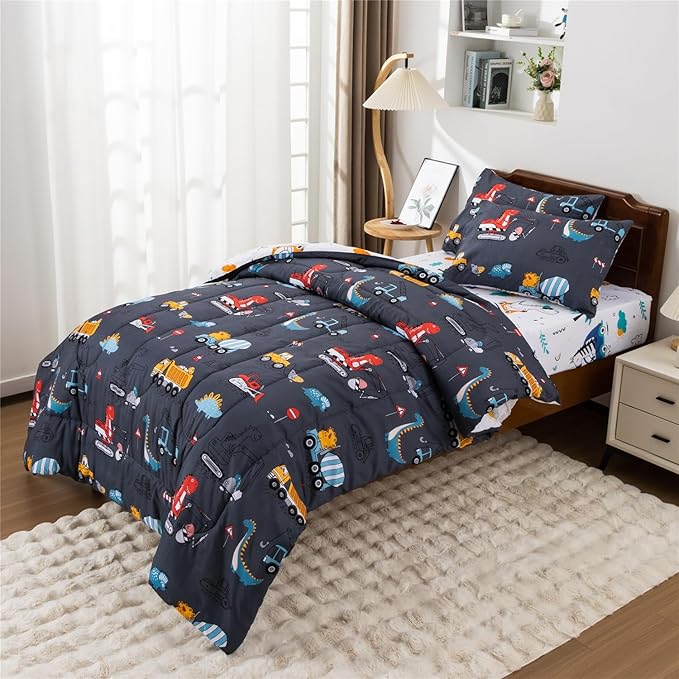 Meeting Story Construction Truck Car Full Comforter Set for Boys,5 Pieces Dinosaur Bedding Set with Sheets and Pillowcases,Excavator Lightweight Microfiber Bedding Sets(Grey,Full5pcs)