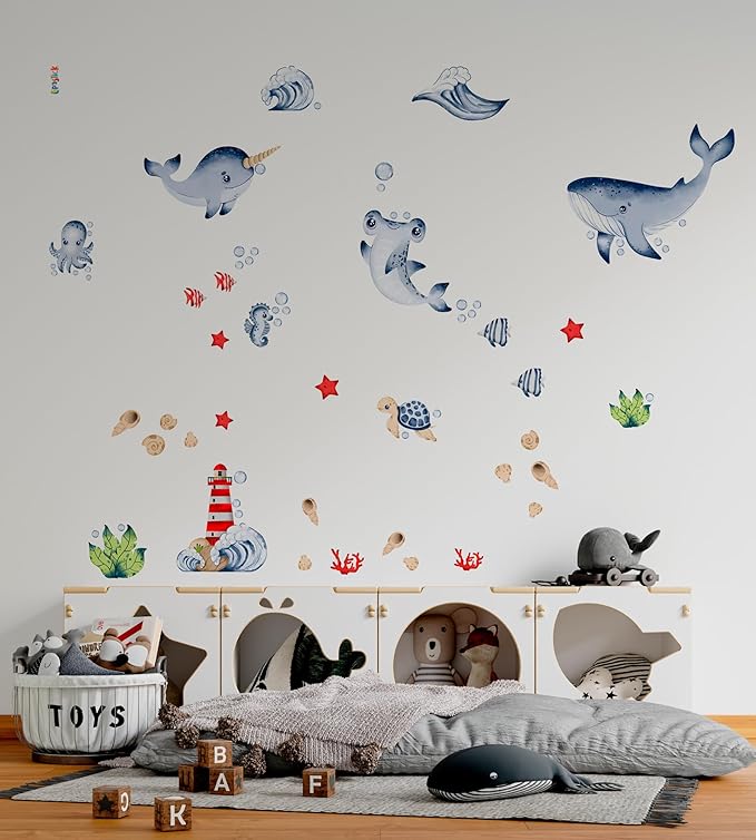 Ocean Wall Decals for Kids by Lipastick - Sea Kids Wall Stickers - Creative Nursery Wall Decal for Children β Nautical Vinyl Wall Decal Whale Shark Octopus Turtle Lighthouse S Size
