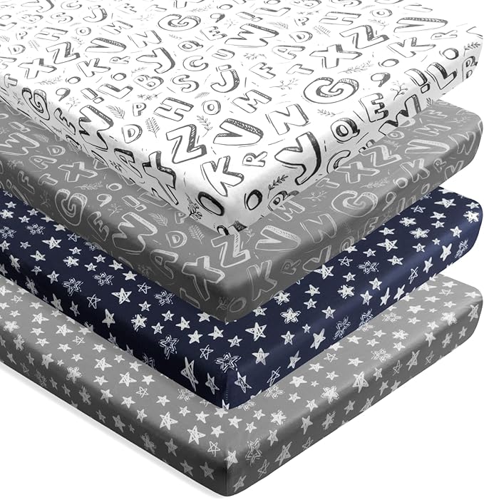 4 Pack Fitted Pack N Play Sheets for Baby Boys Neutral Unisex Breathable Soft Toddler Mini Crib Sheets for Pack and Play Mattress (Letter Print)