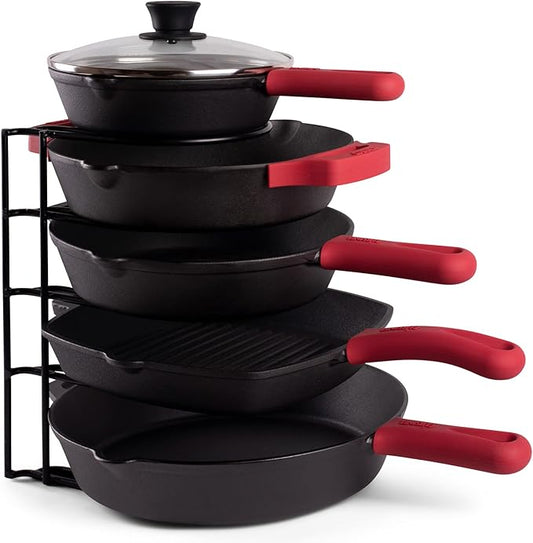 Cuisinel Pots and Pans Organizer Rack - Heavy Duty 60-LBS Capacity - 6mm Thick - Made in India - Matte-Black 12.2"-Tall 5-Tier Space-Saving Kitchen Storage for Cast Iron Cookware, Skillet, Dish, Plate