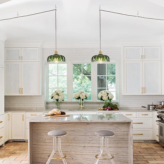 Plug in Hanging Light Fixture, Kitchen Pendant Lighting Glass Pendant Light, Green Pendant Lights for Kitchen Island, Bedroom, Dining Room, Living Room, E26 No Bulb