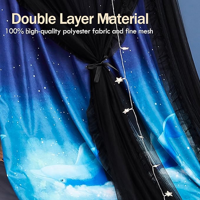 Kertnic Gorgeous Dolphin Printed Bed Canopy for Girls & Adults, Room Decorative Cozy Bed Curtain Canopy Drapes, Round Dome Luxurious Lace Princess Canopies Mosquito Netting (Dolphin)