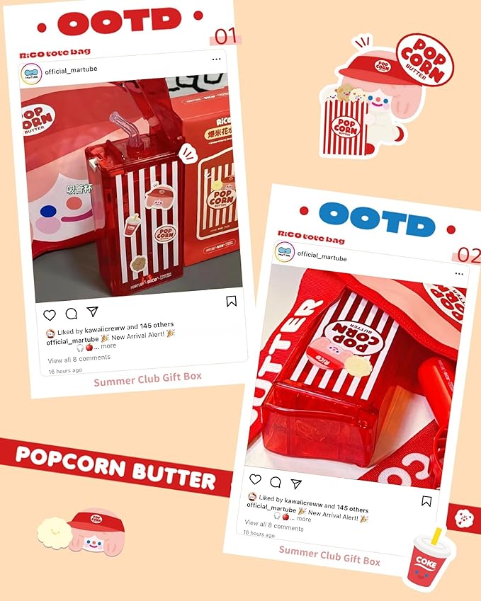 Cute Popcorn Water Bottle with Straw, Portable Water Bottle with Leak-Proof, Pop-Up Spout Cover for School, Sports, Hiking, Camp & More(8.45 oz)